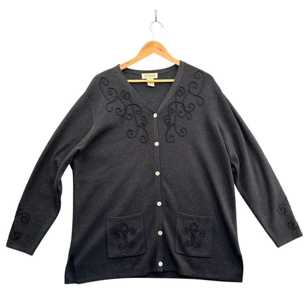 Bechamel Vintage Gray Embroidered Pockets Button Down V Neck Cardigan Women XL
